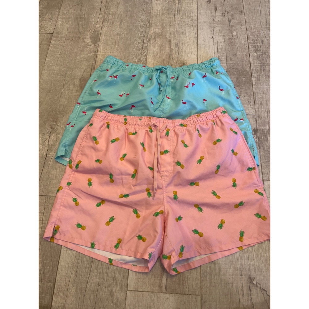 Old Navy‎ Mens Swim Trunks Lot of 2 XL Pink Pineapple Blue Flamingo Board Shorts